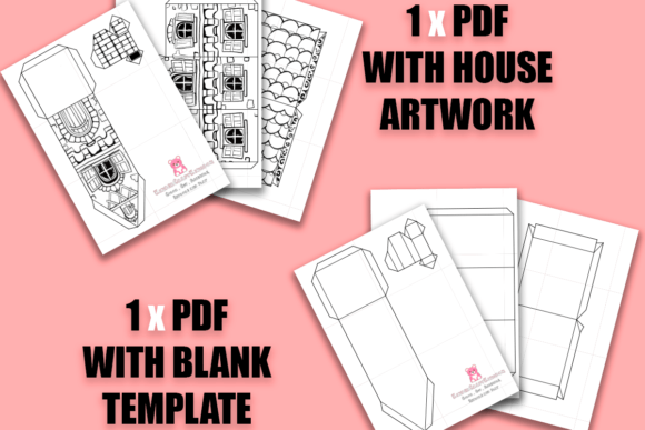 Kids Craft Paper House 3D Coloring - craftkindle: Printable PDF templates showing both decorated and blank 3D house designs laid out on pink background, includes pre-colored house artwork and empty template for creative coloring and assembly