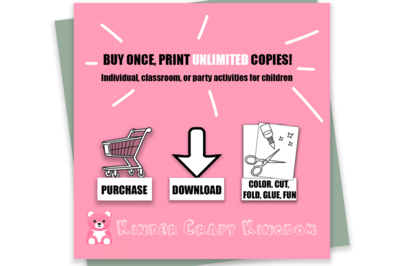 Paper craft house - craftkindle instructions shown on pink background with 3-step process: purchase, download, and create. Features shopping cart icon, download arrow, and craft supplies symbols. Includes Kinder Craft Kingdom branding with cute bear mascot.