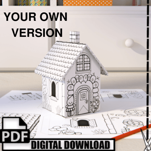 Coloring Paper Craft House 3D Model - Craft Kindle: White blank paper house template with decorative door and window designs, shown assembled in 3D form alongside PDF download preview, perfect for DIY coloring and crafting activities.