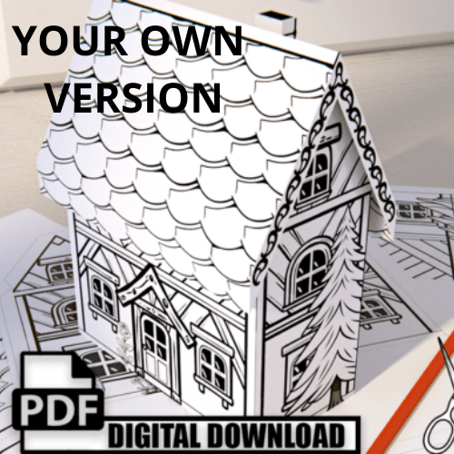 Kids Craft Paper House 3D Coloring - craftkindle: Printable DIY paper house template showing blank cottage design with detailed roof shingles, windows, and door patterns, alongside scissors and PDF download icon, ready for coloring and assembly