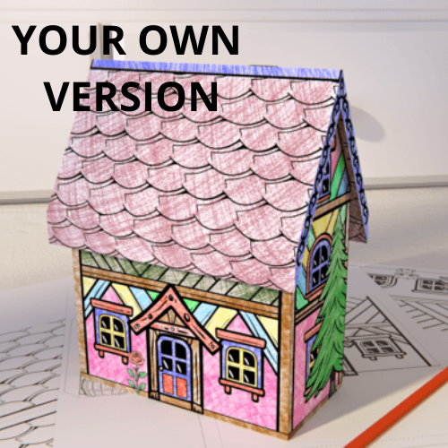 Kids Craft Paper House 3D Coloring - craftkindle: Colorful 3D paper house craft showing assembled version with pink scalloped roof, decorative windows, and hand-colored details, displayed alongside uncolored template sheets and orange pencil