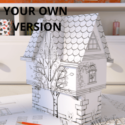 Paper craft house - craftkindle DIY 3D house model shown in blank template version with detailed line drawings of windows, doors, roof tiles, and decorative tree design, ready for coloring and assembly on white surface