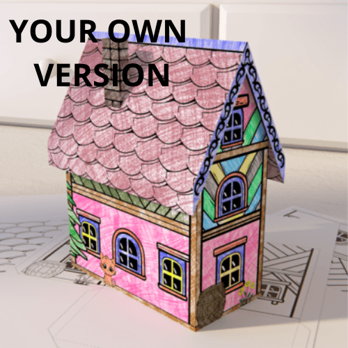 Kids Craft Paper House 3D Coloring - craftkindle: A colorful 3D paper house model featuring pink walls, blue-trimmed windows, and a detailed scalloped roof, displayed on assembly instructions. Text 'YOUR OWN VERSION' appears above the house.