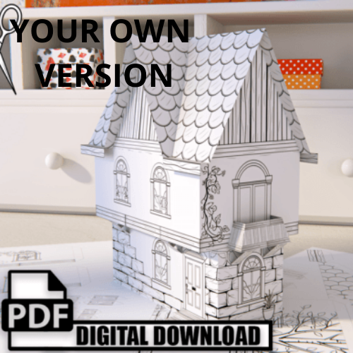 Paper craft house - craftkindle: DIY printable 3D house model shown in blank template form with detailed architectural features including windows, doors, and decorative elements, displayed on white surface with PDF download icon, perfect for creative crafting activities.