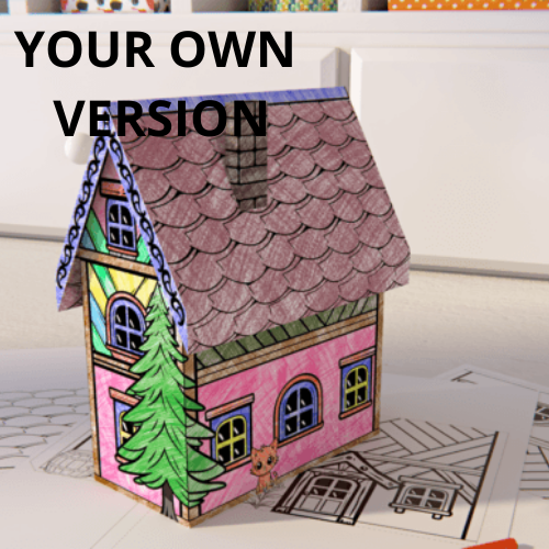 Kids Craft Paper House 3D Coloring - craftkindle: Colorful assembled 3D paper house featuring pink walls, gray shingled roof, arched windows, and decorative green pine tree, shown alongside uncolored templates for DIY crafting.