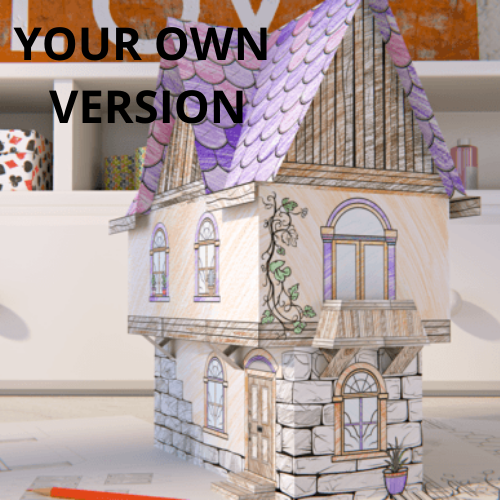 Paper craft house - craftkindle: A charming DIY 3D paper house model featuring detailed stone texture, arched windows, decorative vines, and a purple-tinted roof. Shown assembled on a white surface, displaying both artistic detail and construction quality.