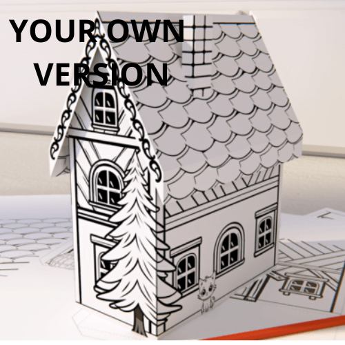 Kids Craft Paper House 3D Coloring DIY craft template showing a printable house design with detailed windows, shingle roof pattern, and decorative tree element. Black and white outline ready for coloring and assembly into a three-dimensional structure.