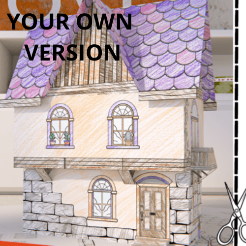 Paper craft house - craftkindle: DIY 3D house template featuring blank design with stone foundation, arched windows, and purple scalloped roof tiles, ready for coloring and assembly. Includes scissors icon indicating craft project nature.