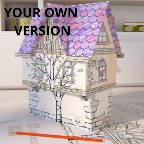 Paper craft house - craftkindle: A 3D paper house model featuring purple and pink roof tiles, stone-textured walls, decorative windows, and a hand-drawn tree. Shown partially colored with a pencil nearby, demonstrating the DIY coloring option of this printable craft project.